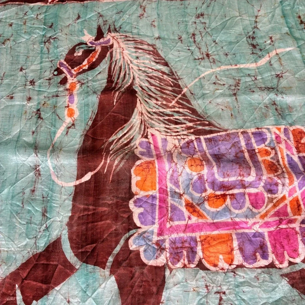 Sam Hilu Scarf Batik Silk Horse Print Wrap Wearable Art Equestrian Boho Chic